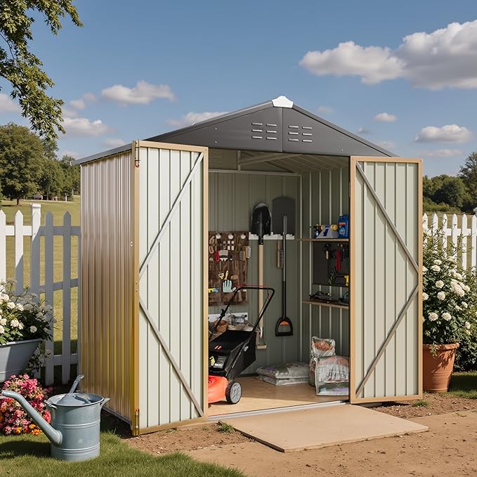 Greesum 6x4FT Outdoor Storage Shed, Utility Tool Shed Metal Storage Garden Shed with Door & Lock for Patio Storage, Brown