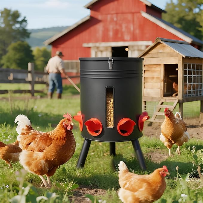 KOL 50 LB Large Free Standing Chicken Feeder, Portable Gravity Chicken Feeder Automatic, Dispenser, 8 Feeding Ports Poultry Feeder for Chicken Rooster & Hen (Black)