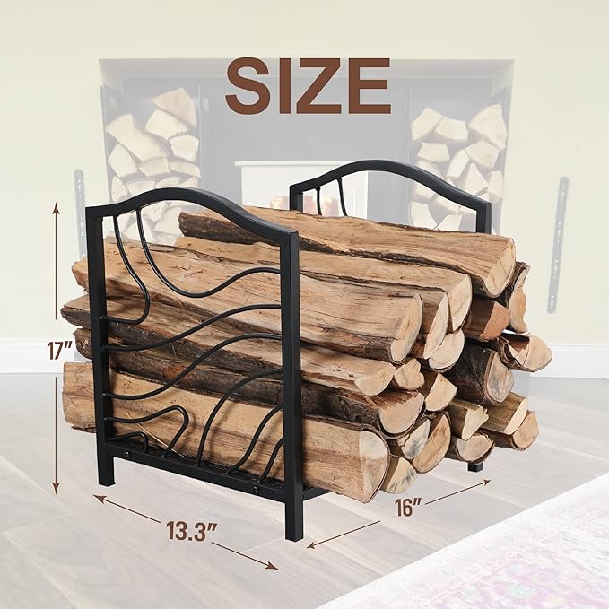 GREEN PARTY 17 Inch Small Firewood Rack Indoor/Outdoor Metal Firewood Holder, Decorative Fire Log Holder for Fireplace,Fire Pit,Heavy Duty Wood Rack,Wood Stove Accessories, 17" L X 13.3" W X 16" H