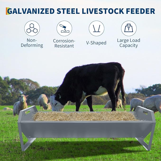 GarveeLife Livestock Feeding Trough, Heavy Duty Steel Livestock Trough for 10 Sheep Once, 22 Gallon Capacity 45.13" Hay Feeder for Horse, Goat, Sheep, Cattle, Cow, Alpaca, Silver