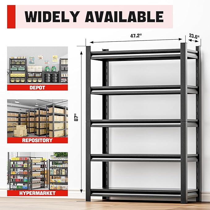 Metal Garage Shelving – 5 Shelf Heavy Duty Storage Rack for Garage Organization, Shelf Organizer for Tools, Supplies, and More, High Capacity Storage Shelves 24" D x48 W x87 H