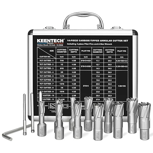 KEENTECH 14-PC Carbide-Tipped Annular Cutter Set, 7/16" to 1-1/16" Cutting Diameter, 1-3/8" Cutting Depth, 1/4" Weldon Shank Mag Drill Bits Kit, 3pcs Pilot Pins& 1pc Hex Wrench Included