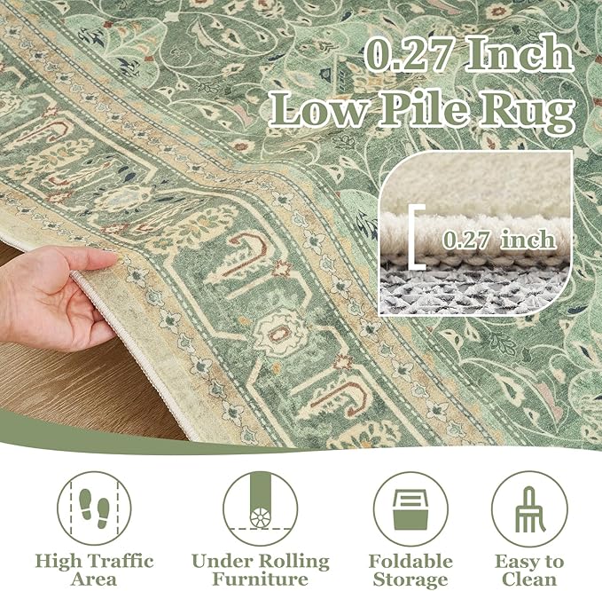 Sage Green 3x5 Entryway Rug Indoor, Boho Floral Moroccan Pattern Printed Throw Rugs for Nursery Bedroom Bedside, Low Pile Thin Non Slip Washable Area Rug for Kitchen Foyer Mudroom Dorm