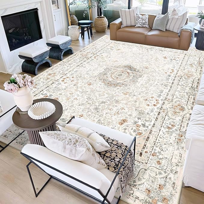 9x12 Area Rugs Washable,Boho Rug for Living Room Bedroom Dining Room,Large Vintage Bohemian Distressed Carpet Non Slip,Beige