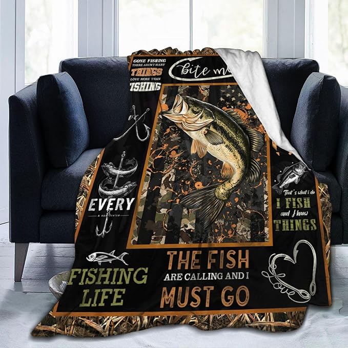 Dynova Fishing Blanket Cozy Plush Fish Throw Blankets Fuzzy Flannel Fleece Camo Fisherman Gifts Decor for Boys Men 80"X60"