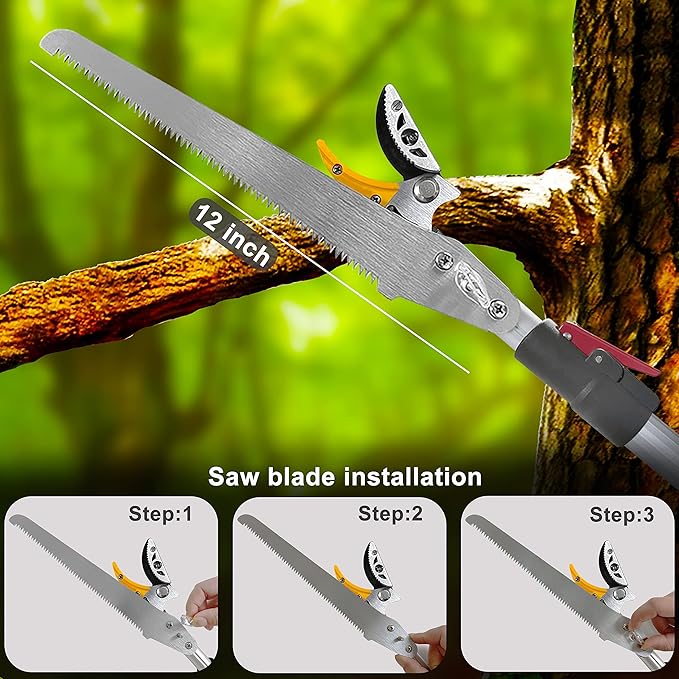 Telescopic Tree Trimmer 5.8-10 FT with 2 Section, 4 Node Adjustable, Cut and Hold Pruner, Pole Saw Extendable, Long Handle Fruit Picker, Branch Cutter, Loppers, Clippers With Hook