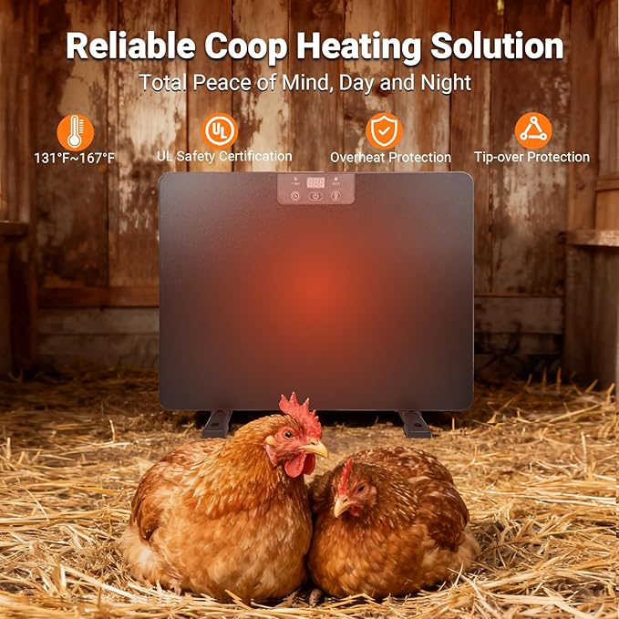 200W Chicken Coop Heater with Tip-Over & Overheat Protection | Auto Timer, 3-Way Mount & Waterproof Cord | Safe, Energy-Efficient Heating for Chicks, Poultry & Pets