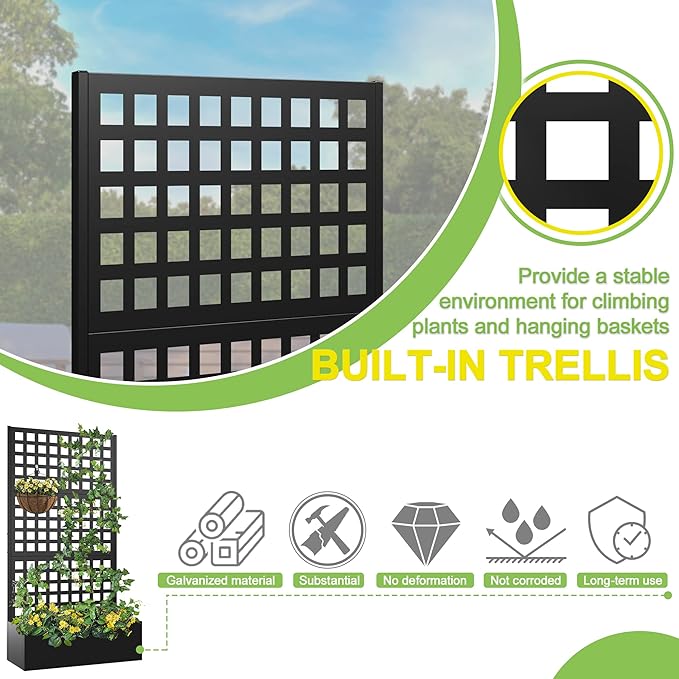 Elevens Metal Planter with Trellis, Trellis with Planter Box & Privacy Screen, Outdoor Raised Garden Bed for Climbing Plants, Trellis Planter Box with Drainage Hole (71"x35"x16")