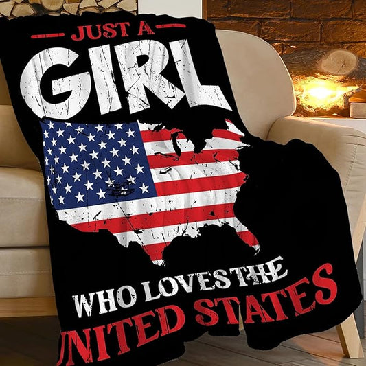 American Girl Throw Blanket Just A Girl Who Loves United States Decor Blanket Super Cozy Plush Lightweight Soft Plush Flannel Fleece Blanket Gifts for Girls Boys Kids Women for Sofa Bed Couch 60"X80"