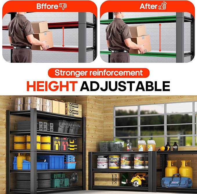 Heavy Duty 5-Tier Garage Storage Shelving Unit, Boltless Metal Rack for Garage Organization, Adjustable Freestanding Steel Shelf, Black, 76H x 60W x 24D