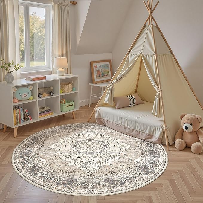 Washable 5 Ft Round Area Rug - 5x5 Area Rugs for Living Room Bedroom Dining Room Home Office Floor Decor- Vintage Floral Stain & Fade Resistant Non-Slip Backing Carpet (Camel/Beige)