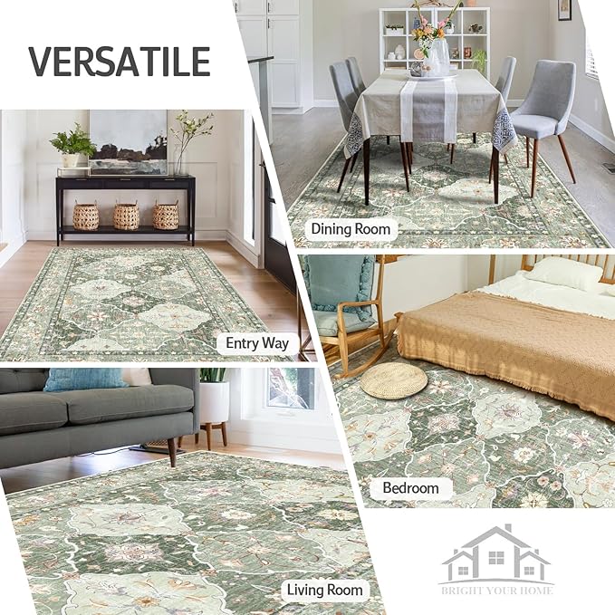 Boho Vintage Area Rugs 3×5 Washable Non-Slip Traditional Green Area Rug for Living Room Bedroom Dining Room and Kitchen