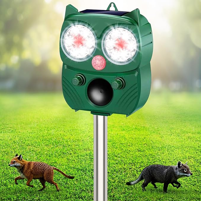 Solar Animal Repellent for Outdoor, Ultrasonic Pest Repeller with LED Strobe Light, Cat Repellent IP66 Waterproof, Effective Deterrent for Dogs, Deer, Raccoons, Skunks, Squirrels in Yard, Garden
