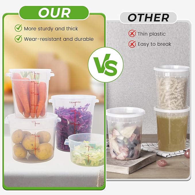 4 Pack Round Food Storage Containers with Lids, 8Qt Translucent Commercial Food Container, Polypropylene, BPA Free, Includes Labels & Measuring Cups