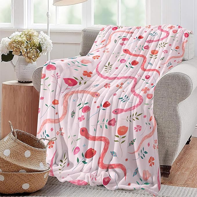 Cute Snake Reptile Blanket Ultra Soft Cozy Pink Flower Snake Throw Blanket Fleece Fuzzy Plush Bedding Blanket Real Snake Lovers Gifts for Women Girls Kids Adults Couch Sofa 80"x60"