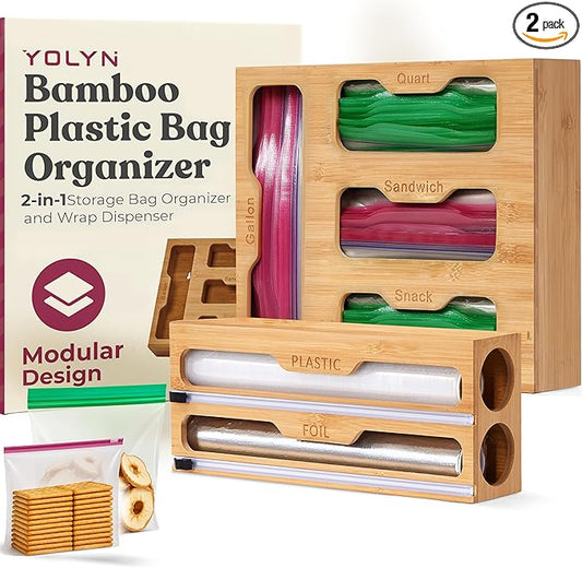 Bamboo Kitchen Storage Bag Organizer, Drawer Organizer with Foil Dispenser, Bamboo Organizer for Sandwich Bags, Plastic Wrap, Baggie and Foil, Premium Kitchen Drawer Organizer