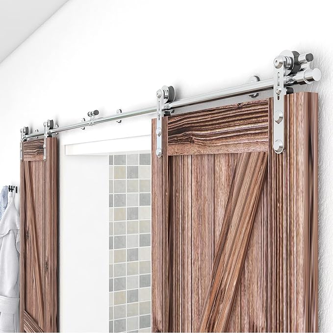 TSMST 6.6FT Sliding Barn Door Hardware Kit, Stainless Steel Heavy Duty Sturdy Barn Door Track for Double Wood Door, Slide Smoothly Quietly (I Style)