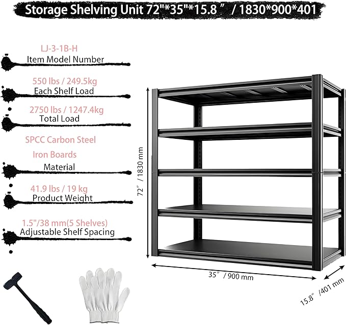 Storage Shelving Unit Adjustable Heavy Duty Garage Shelves Metal Organizer Utility Rack for Kitchen Pantry Basement Pantry Warehouse Laundry Black 2750LBS 72" H x 35" W x 15.8" D 5-Tier