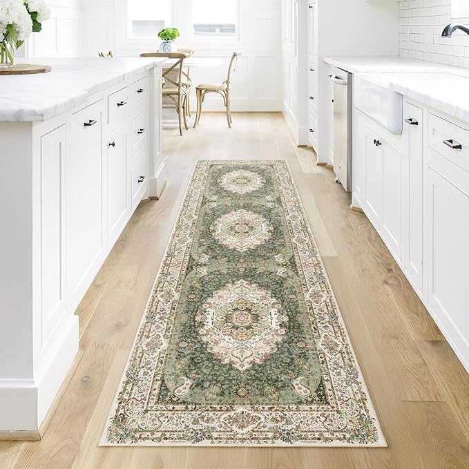 Washable Runner Rug 2x8,Green Rug Runners Non Slip,Long Boho Rugs for Hallways Kitchen Bedroom Entryway Living Room Bathroom,Vintage Bohemian Distressed Floor Carpet,Floral