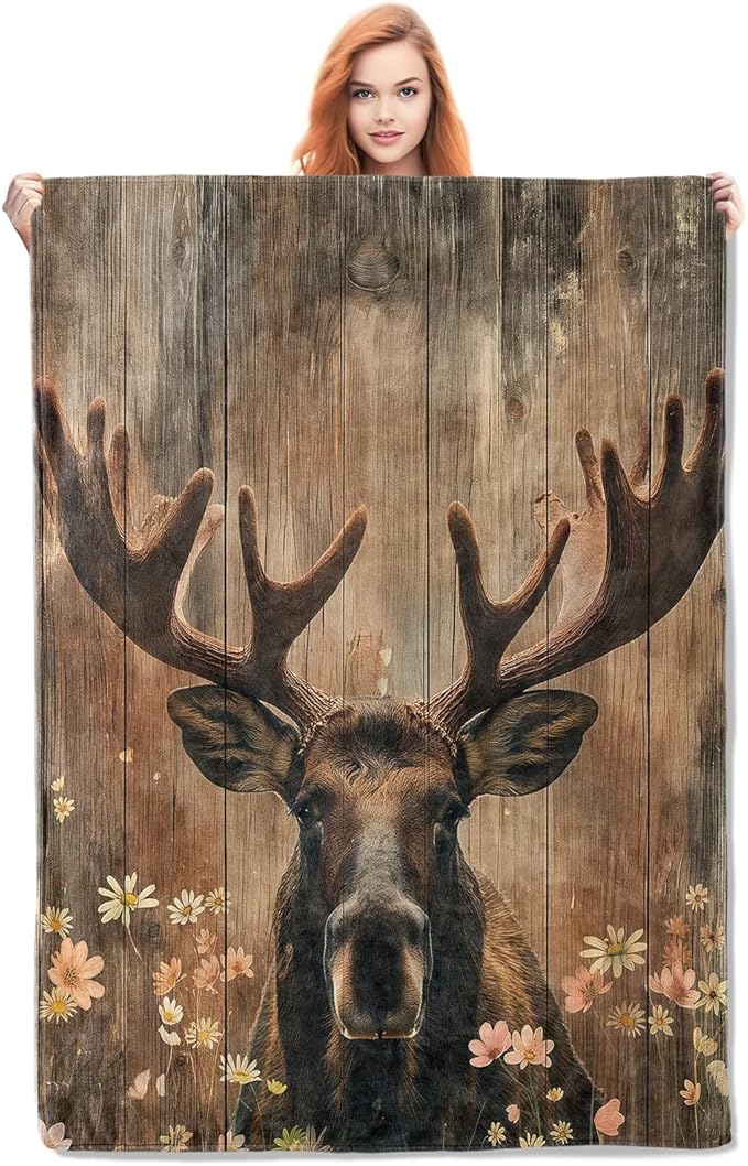 Moose Blanket Gifts for Adults Kids Soft Warm Lightweight Cozy Vintage Wooden Animal Floral Throw Blankets for Bed Sofa Couch Living Room Decor 80x60in