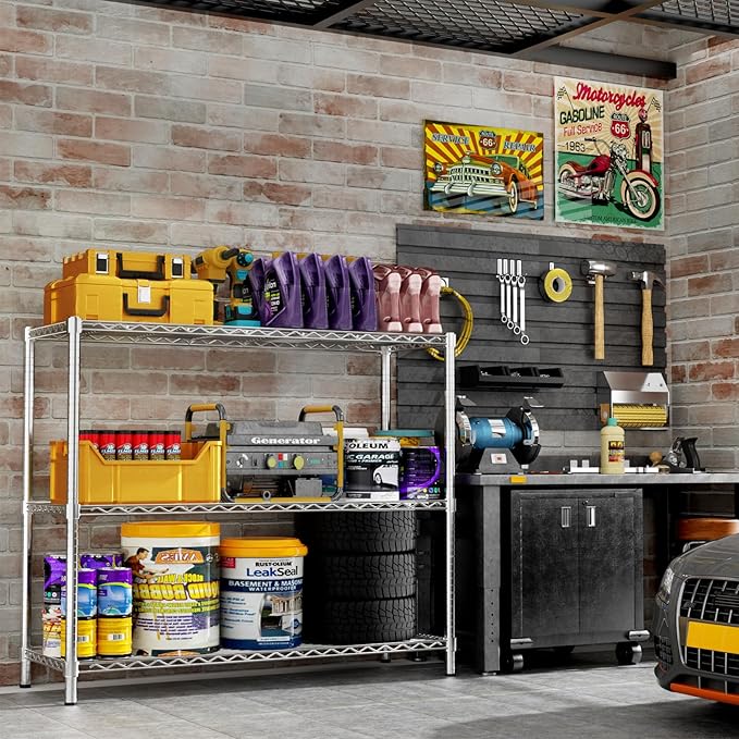 Storage Shelves, 3 PCS 48" L x 20" W x 47" H Heavy Duty Garage Wire Shelving Unit Loads 1200LBS, 3-Tier Adjustable Metal Industrial Utility Shelf Rack for Kitchen, Laundry Room, Basement