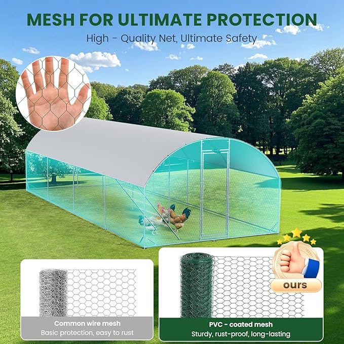 Chicken Coop Large Metal Chicken Run with Full-Top Waterproof Cover - Chicken House for 32/40 Chickens, Poultry Cage with Solar Light, Backside Poles, Walk-in Pen for Rabbits Ducks Yard 4 Room