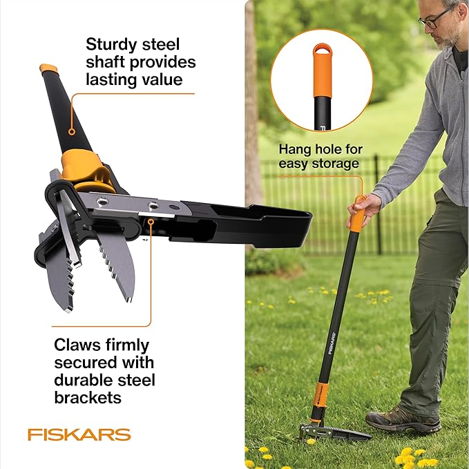 Fiskars 3-Claw Stand Up Weed Puller Tool, Gardening Weeder, Hand Weeding Tool with 39" Long Ergonomic Handle with Easy-Eject Mechanism