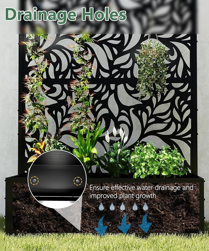 Metal Planter Box with Trellis,70.9"x47.2"x15.7" Raised Garden Bed with Drainage Holes, Privacy Planters for Outdoor Garden Bed for Climbing Plants,Vegetables,and Vines, Black-Flower