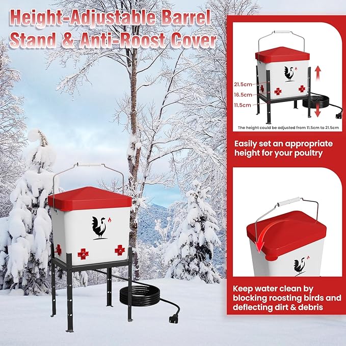 Heated Chicken Waterer, 1.8 Gallon Chickens Poultry Waterer with Nipples, Height Adjustable & Detachable Stand, All-Season Chicken Coop Waterers, Chicken Water Heater (7L, Red Cover)