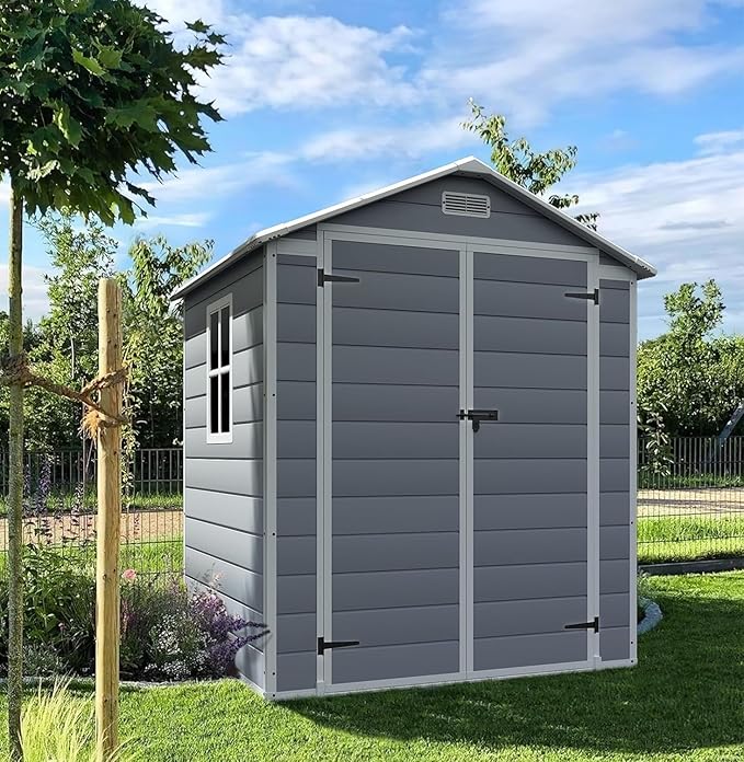 Devoko 6x4FT Outdoor Storage Shed with Lockable Door, Waterproof Plastic Resin Garden Shed Tool with Floor for Backyard, Patio, Lawn, Pool Supplies (Grey)
