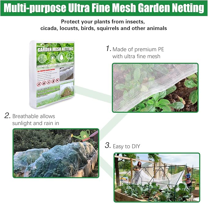 SnugNiture Garden Netting 10x33FT Ultra Fine Mesh Mosquito Netting Plant Covers, White Bird Netting Barrier Greenhouse Row Cover Protect Fruits Flower Vegetables from Birds Deer & Squirrels