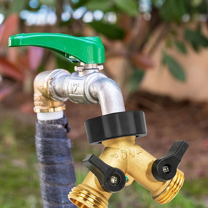 2 Pack Brass Garden Hose Splitter 2 Way, Hose Y Splitter 3/4 Inch Heavy Duty Brass Hose Connector Tap Splitter, Hose Spigot Adapter 2 Valves with Rubber Washers