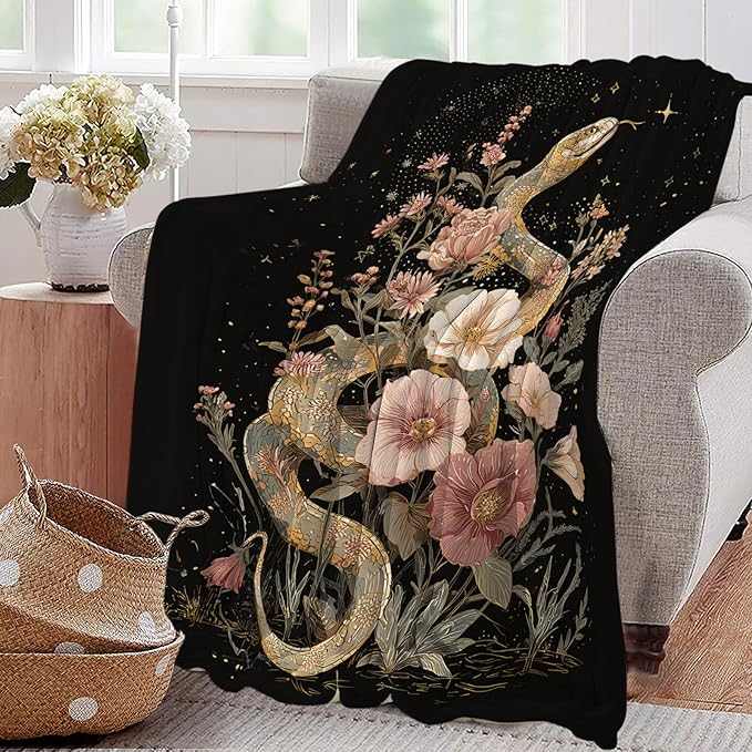 Golden Snake Blanket Fantasy Floral Reptiles Throw Blankets Gifts for Girls Boys Kids Snake Lover Soft Cozy Fleece Plush for Couch Sofa Bed 60"x50"