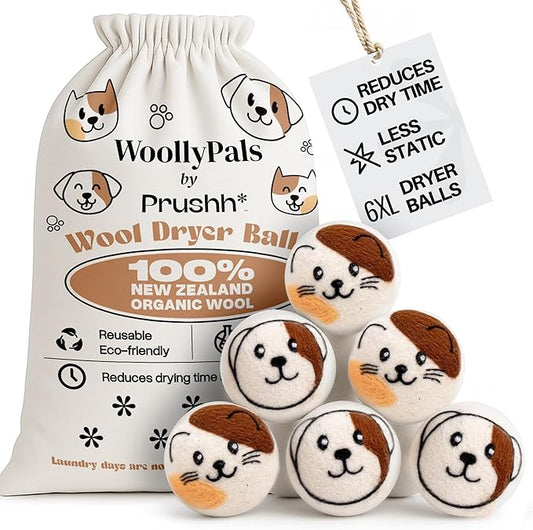 WoollyPals Wool Dryer Balls (6-Pack, XL Size)- 100% New Zealand Organic Wool - Sustainable & Eco-Friendly - Dry 1,000 Loads, Replaces Dryer Sheets, Reduces Static Cling, Reusable (Multi Colour)