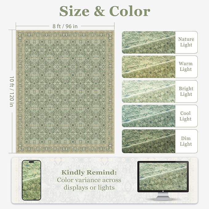 Sage Green Rugs 8x10, Washable Non Slip Area Rug for Living Room Bedroom Dining Room, Boho Floral Moroccan Pattern Printed Carpet Rug Low Pile Thin for Nursery Playroom Kids Room