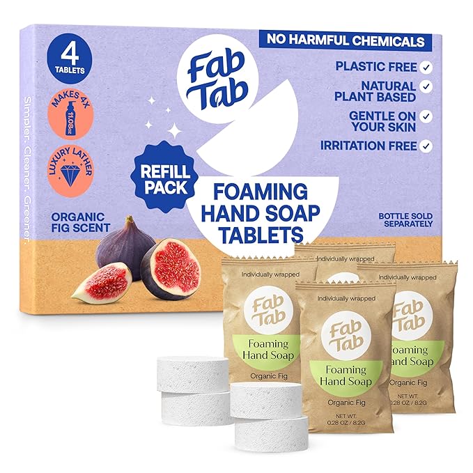 Fab Tab Foaming Hand Soap - Sustainable & Convenient - Plant-based Tablets - Makes 4 X 11.09 Fl Oz Bottles - Fig scent - Foam Soap Refill