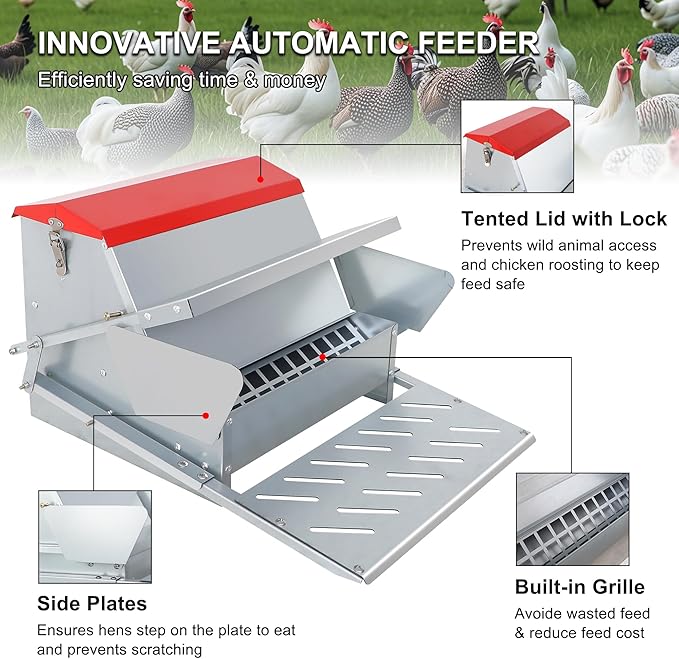 Large Automatic Chicken Feeder-25lb Metal Treadle Chicken Feeder No Waste, Rat Proof Poultry Feeder with Sturdy Galvanized Steel Build & Weatherproof Locking Lid for Duck, Fowl, Pheasants Outdoor Use