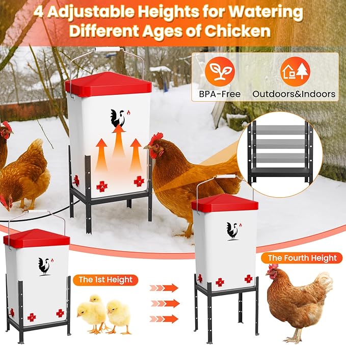 Heated Chicken Waterer for Winter, 3.2 Gallon Poultry Water Heater with 4 Horizontal Nipples, Thermostatically Controlled, 4 Adjustable Heights, Anti-Freezing Watering System for Coop