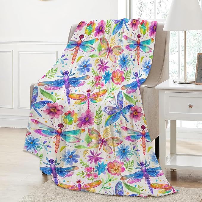Colorful Dragonfly and Butterfly Throw Blanket Gifts for Women, Soft Fuzzy Warm Cozy Flannel Blankets for Bedroom, Travel, Couch, Home Decor 40x50 in