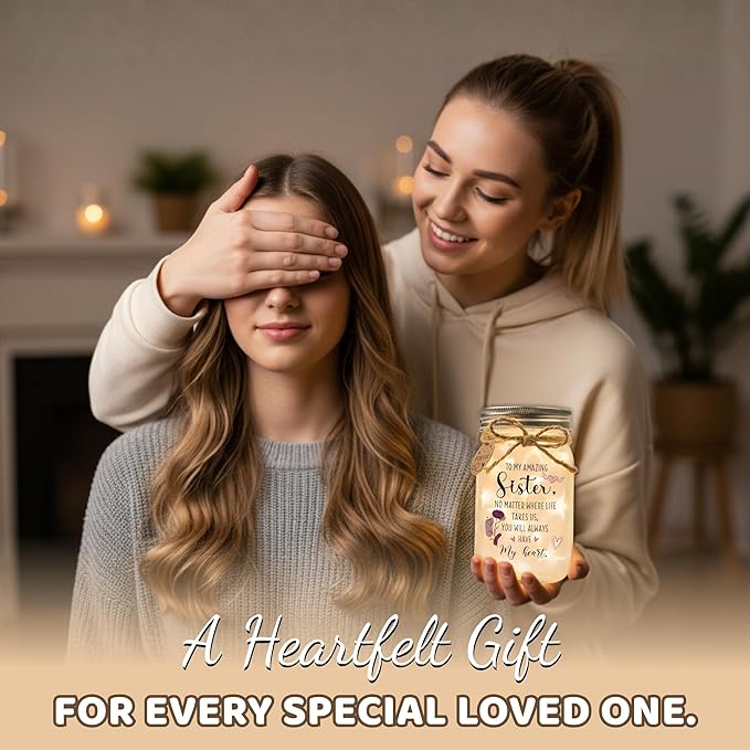 SOLMAY Sister Gifts Mason Jar Night Light – Unique Birthday & Christmas Gift for Sister– Sentimental Decorative Lamp from Sibling or Brother with Warm LED Fairy Lights