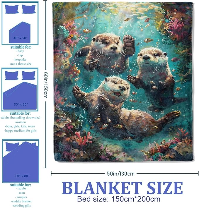 Otters Throw Blanket 60"x80", Underwater Scene Blankets for Living Room Bedroom Decor, Soft Flannel Polyester Warm Cozy Otters Gifts for Kids Adults