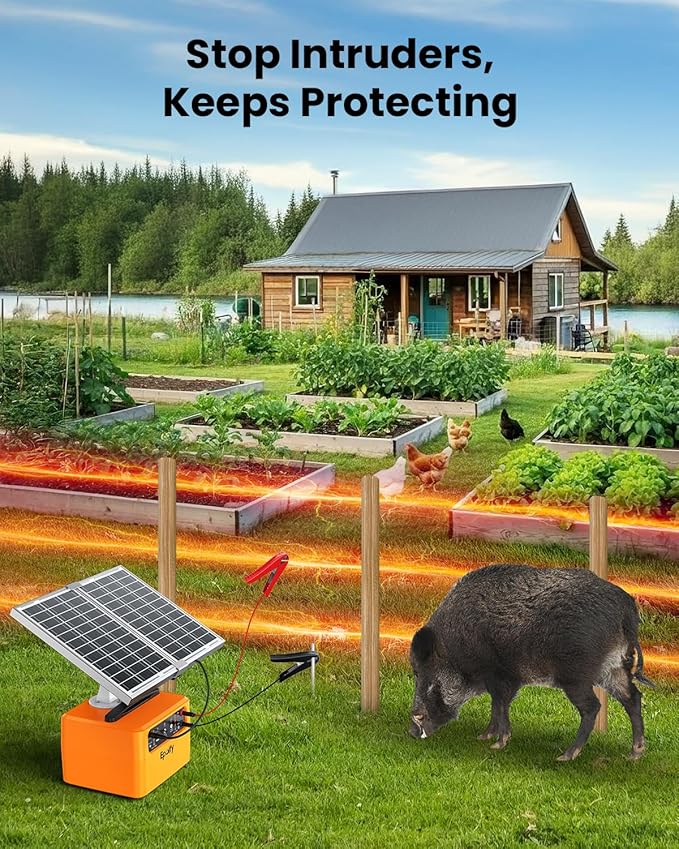 30-Mile Solar Electric Fence Charger for Livestock Safety, 0.3-1.5 Joules Adjustable Energizer with 12000mAh Battery, 24/7 Solar Fence Charger with Smart Voltage Display for Raccoon, Deer Control