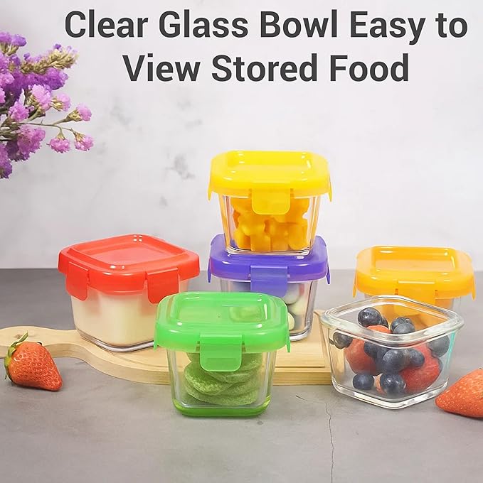 ARSUK Square 5OZ Glass Food Storage Containers with Airtight BPA-Free Lids 6 Pack, Small Glass Freezer Containers for Sauce, Sides, Meal Prep - Reusable & Dishwasher Microwave Fridge Freezer Safe