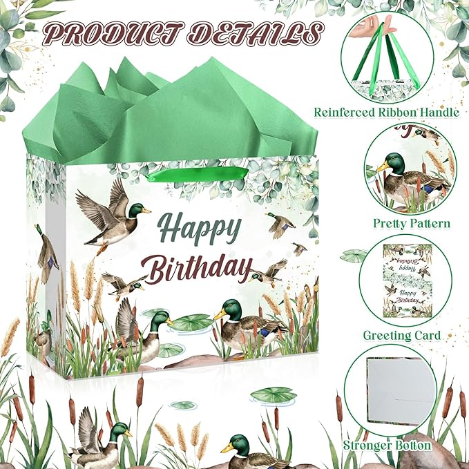 Wayyogh Mallard Duck Hunting Birthday Party Gift Bag Decorations One Lucky Duck Gift Bag with Wrapping Paper & Greeting Card for One Lucky Duck Birthday Party Baby Shower Supplies Decor Decorations