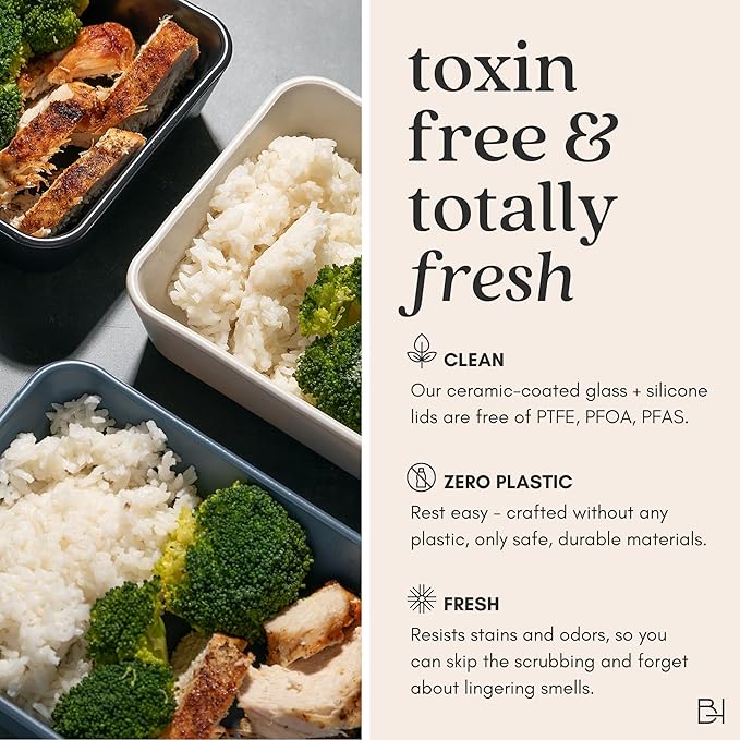 Ceramic Coated Glass Food Storage Container | No PTFE, PFOA, PFAS, and BPA | Reusable Non Toxic Meal Prep Container with Glass Lid | Easy To Store | 5 Cup Square [Smoke]