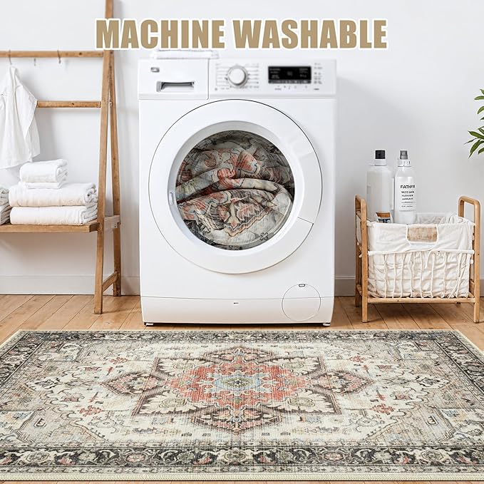 Area Rug for Living Room - 8x10 Soft Machine Washable Oriental Vintage Floral Distressed Large Indoor Floor Carpet for Bedroom Under Dining Table Home Office Decor - Multi Cream