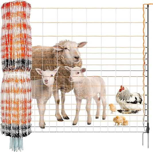 Premium Semi-Rigid Electric Poultry Netting Fence 48" x 164' - Portable Pre-Assembled Electric Fencing for Chicken Sheep Goats (19 Posts, 2 Spikes)