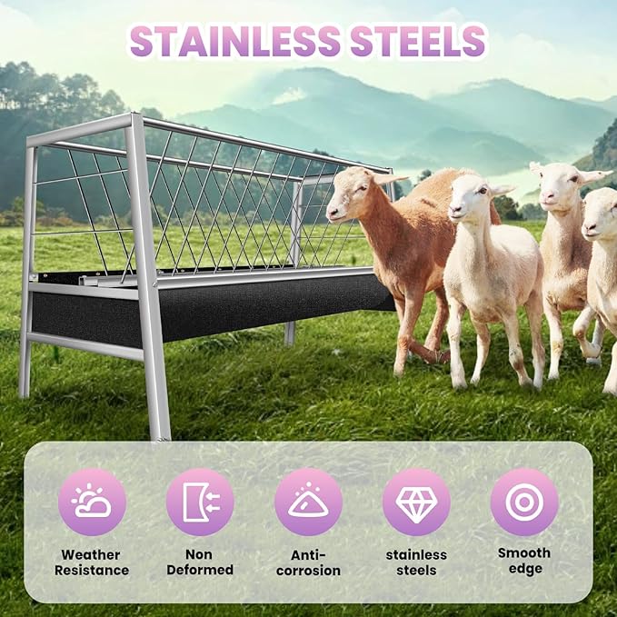 Heavy Duty 77 Gallon Livestock Feeder, Stainless Steel, 2-in-1 Design with 55 Gallon & 22 Gallon Compartments for Hay & Pellet Feed, Goats, Horses, Easy to Assemble and Maintain