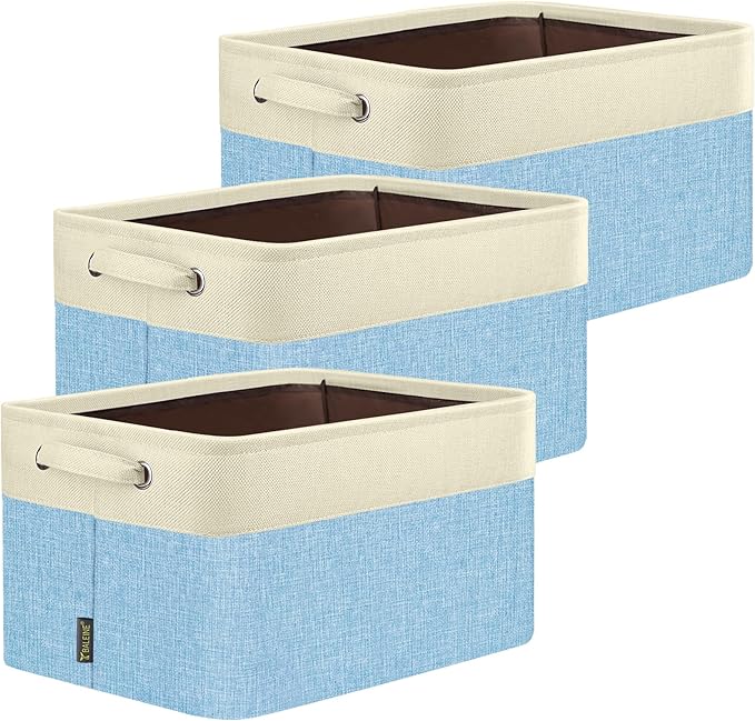 BALEINE 3 Pack Fabric Storage Bins for Shelves, Linen Storage Baskets for Organizing, Decorative Closet Bins for Clothes, Home (Skyblue, 14''x10''x8.5'')