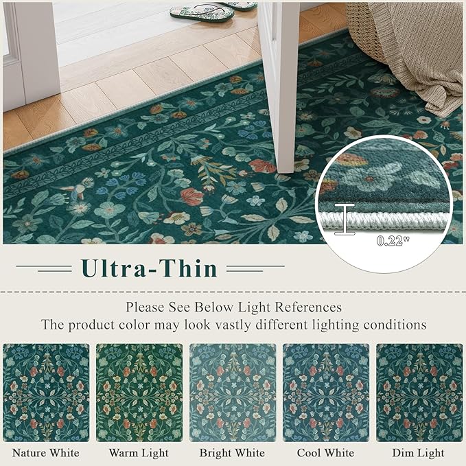 Lahome Floral Washable Area Rugs 8x10, Non-Slip Living Room Carpet Soft Tumble Washable Rugs for Bedroom Nursery, Vintage Botanical Print Carpet for Classroom Kids Room, Dark Green
